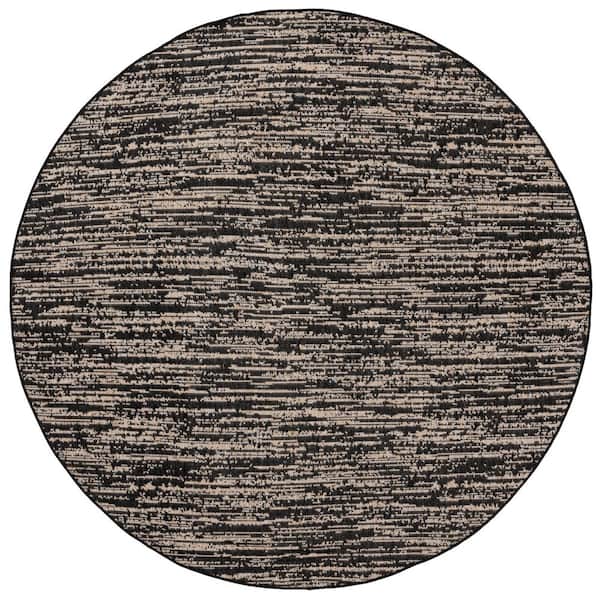 Beach House Black/Beige 7 ft. x 7 ft. Distressed Striped Solid Indoor/Outdoor Round Area Rug