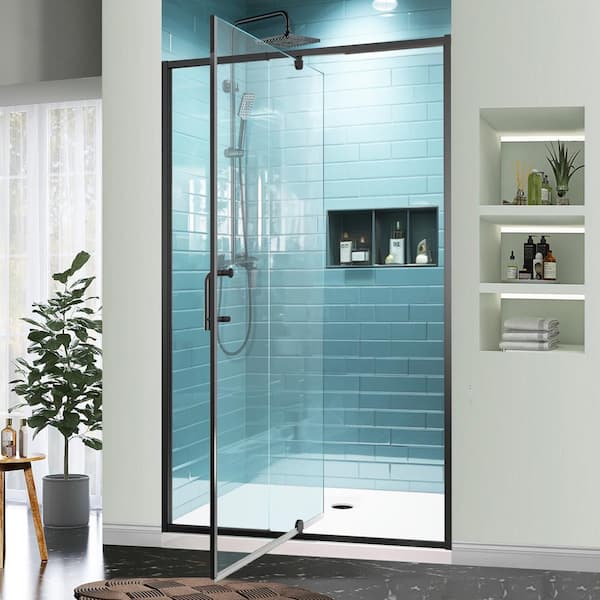 Lonni 38 in.-42 in. W x 71 in. H Pivot Swing Semi-Frameless Shower Door in Matte Blacke with Clear SGCC Tempered Glass