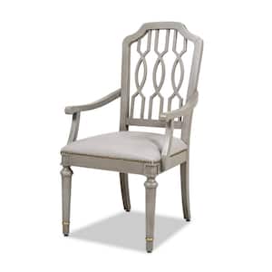 Dauphin Geometric Upholstered Dining Arm Chair, Soft Gray White Top Grain Leather and Cashmere Gray Wood