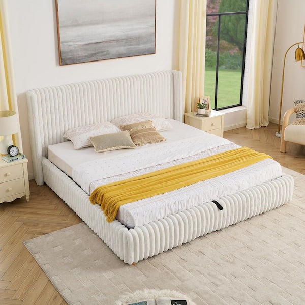 Timberwood Modern Beige Fluffy Rabbit Fur Fabric Upholstered Wood Frame King Platform Bed with Wingback Headboard