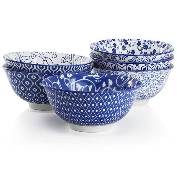 Elama Emma 6-Piece Assorted Design 20 oz. Porcelain Footed Bowl Set in Blue