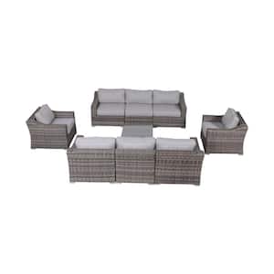 Assembled 8-Seater Gray 9-Piece PE Rattan and Plastic Wicker Outdoor Sectional Set with Cushion Guard Gray Cushions