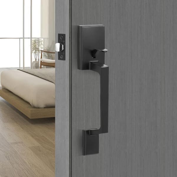 Front Door Handle, Square Entry Handle Set with Lever, No Lock, Adjustable Hole Space, Reversible Design, Matte Black