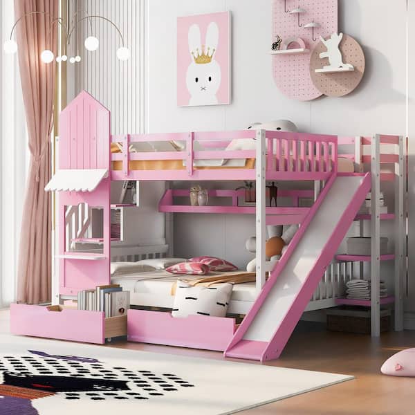Polibi Pink Full-Over-Full Castle Style Bunk Bed with 2-Drawers 3 Shelves and Slide