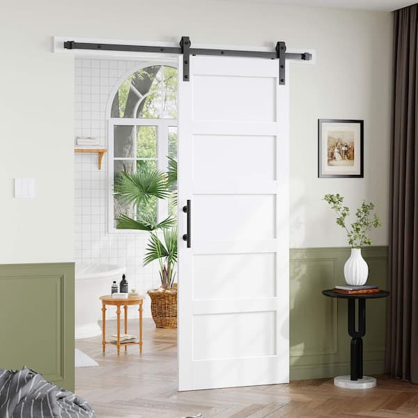 32 in. x 84 in. 5 Lite Manufactured Solid Wood Core White Finished Interior Sliding Barn Door with Hardware Kit