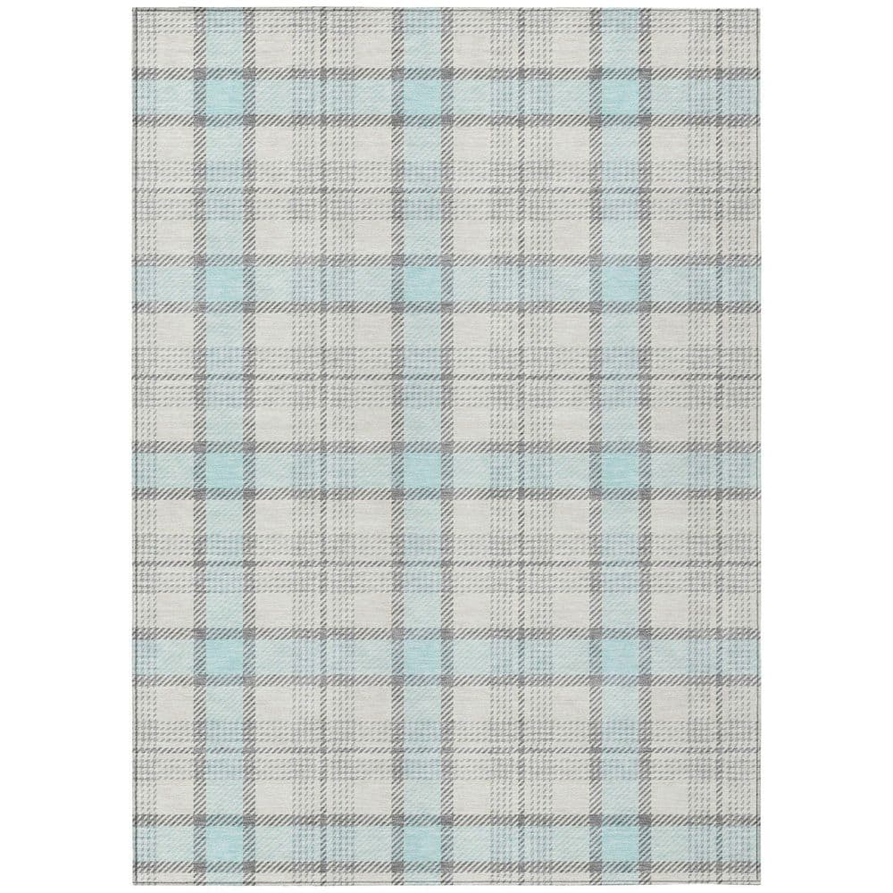 Sky Blue and Gray Synthetic Washable Plaid Area Rug