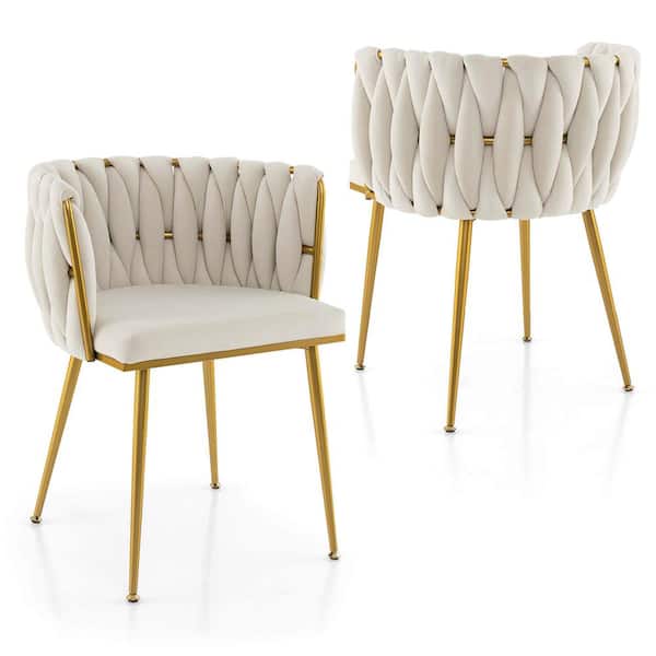 Costway White Velvet Upholstered Dining Chair Set of 2 with Curved Backrest Electroplated Metal Tubes White