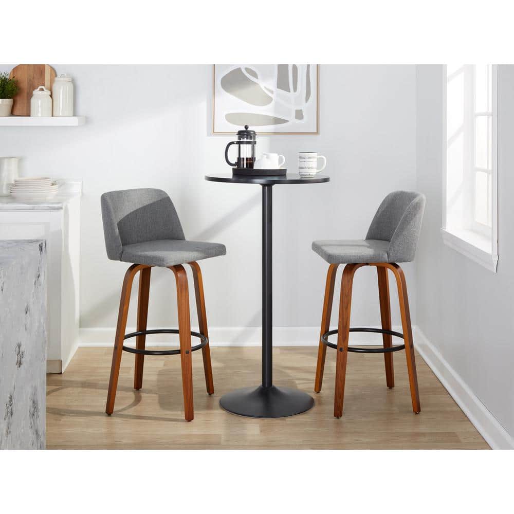 Gray and Walnut Wood Swivel Barstools with Metal Footrest, Set of 2