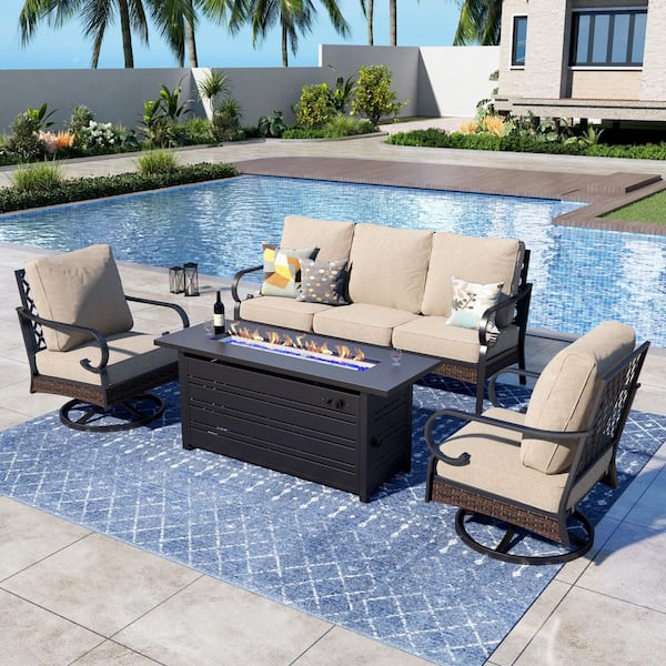 PHI VILLA 4-Piece Black Metal Outdoor Patio Conversation Seating Set with Swivel Chair, 50000 BTU Fire Pit Table and Beige Cushion