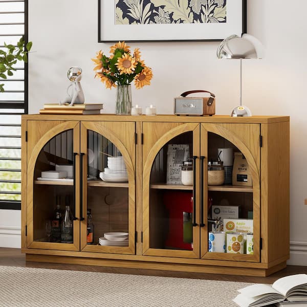 Nestfair Natural MDF 60 in. W Sideboard Buffet Cabinet with Glass Doors, Arched Cabinet and Adjustable Shelves