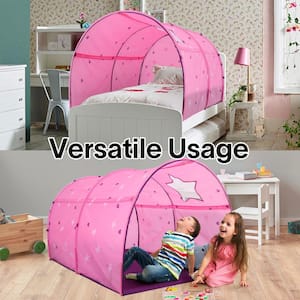 Indoor Pop Up Portable Frame Polyester Starlight Bed Canopy Kids Play Tent Twin Curtains Glow in The Dark Stars Pink