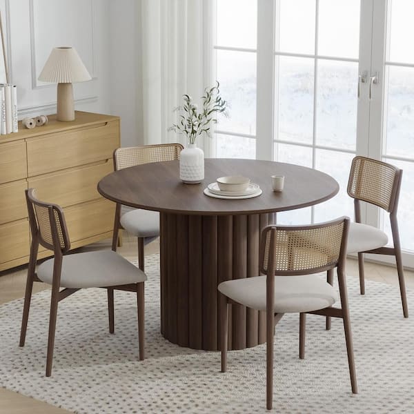 Dovelina 46 in. Walnut Oak Wood Color Column Pedestal Round Kitchen Table Dining Table Seats 4