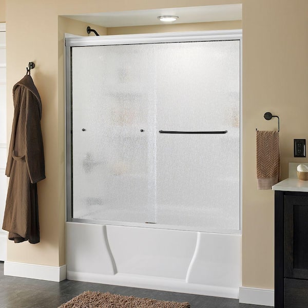 Delta Simplicity 60 in. x 58 1/8 in. Semi-Frameless Traditional Sliding Bathtub Door in White and Bronze with Rain Glass