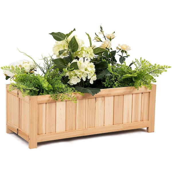 Costway 27.5 in. L x 12 in. W x 10 in. H Beige Wood Rectangle Raised Bed Flower Planter Box VegetableFolding