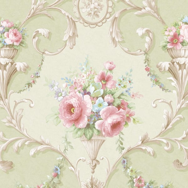 Ornamental Floral Wallpaper in Green, Blue and Pink