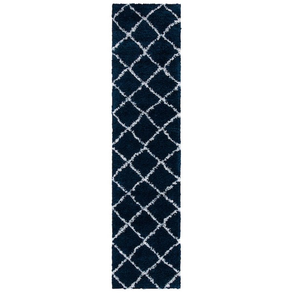 August Shag 2 ft. x 9 ft. Navy/Ivory Modern Diamond Runner Rug