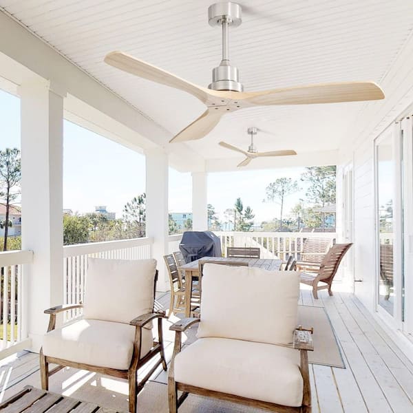 52 in. Indoor/Outdoor Brushed Nickel Downrod Mount Ceiling Fan with Wood Burlywood Blades Downrod Remote Included