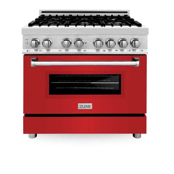 ZLINE Kitchen and Bath 36 in. 6 Burner Dual Fuel Range with Red Matte Door in Stainless Steel
