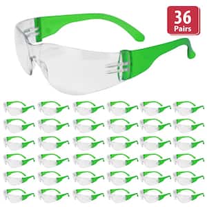 Green, Crystal Clear Lens Color Temple Safety glasses (36-Pairs)
