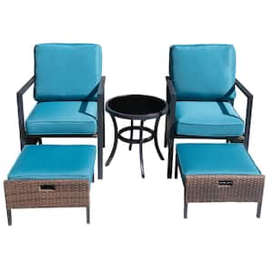 Luxury 5-Piece Wicker Patio Conversation Set with Blue Cushion, Ottoman, Glass Table