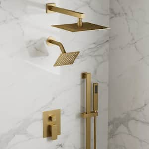 3 in. 1 square, Showers with Valve 3-Spray Dual Wall Mount 10 in. Fixed and Handheld Shower Head 2.5 GPM in Brushed Gold