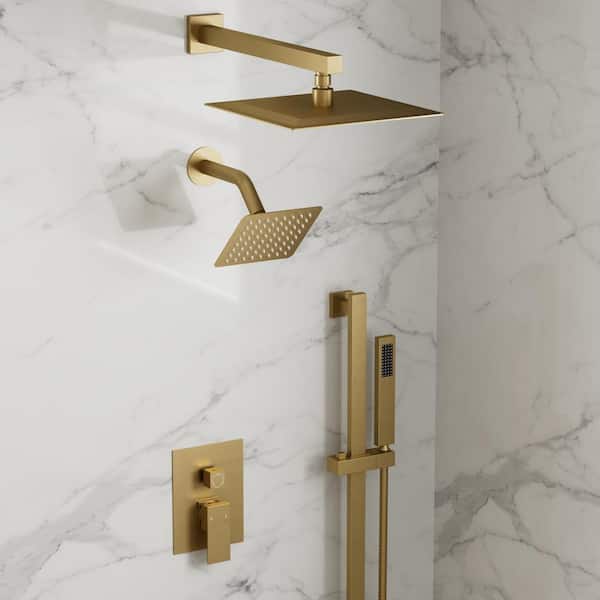 GRANDJOY 3 in. 1 square, Showers with Valve 3-Spray Dual Wall Mount 10 in. Fixed and Handheld Shower Head 2.5 GPM in Brushed Gold