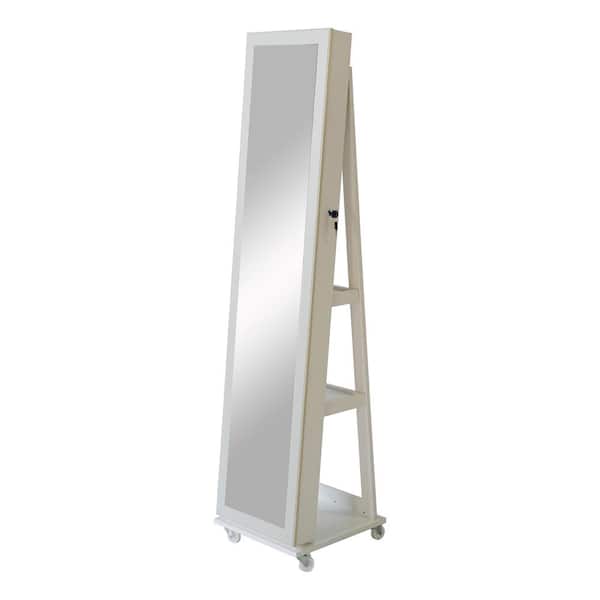 Unbranded White Rectangular Wood 360° Swivel Floor Standing Jewelry Cabinet with Mirror