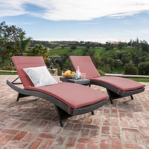 Miller Grey 3-Piece Faux Rattan Outdoor Chaise Lounge and Table Set with Red Cushions