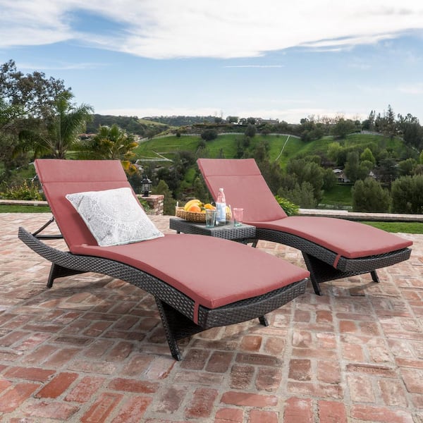 Noble House Miller Grey 3-Piece Faux Rattan Outdoor Chaise Lounge and Table Set with Red Cushions