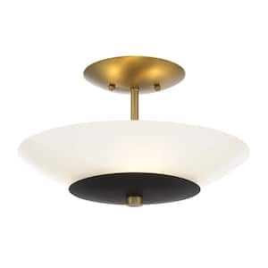 Bax 14 in. 3-Light Sand Black and Soft Brass Semi-Flush Mount with Frosted Opal Glass Shade and No Bulbs Included