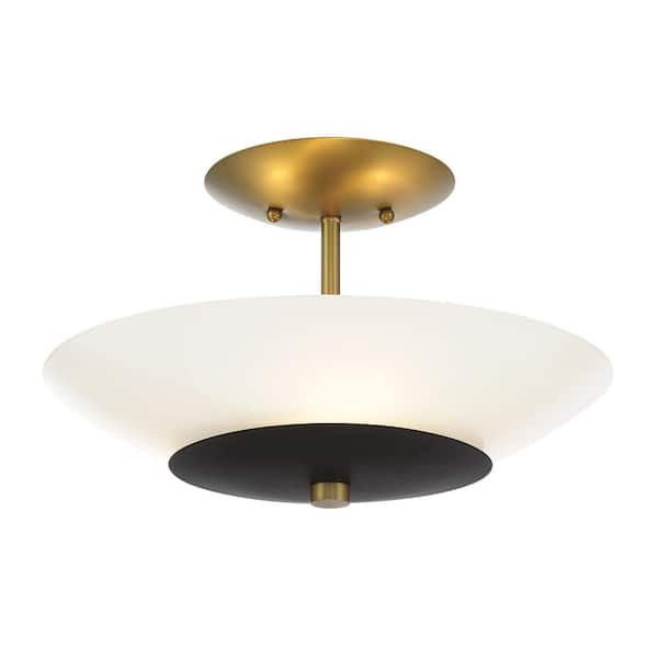 Minka Lavery Bax 14 in. 3-Light Sand Black and Soft Brass Semi-Flush Mount with Frosted Opal Glass Shade and No Bulbs Included