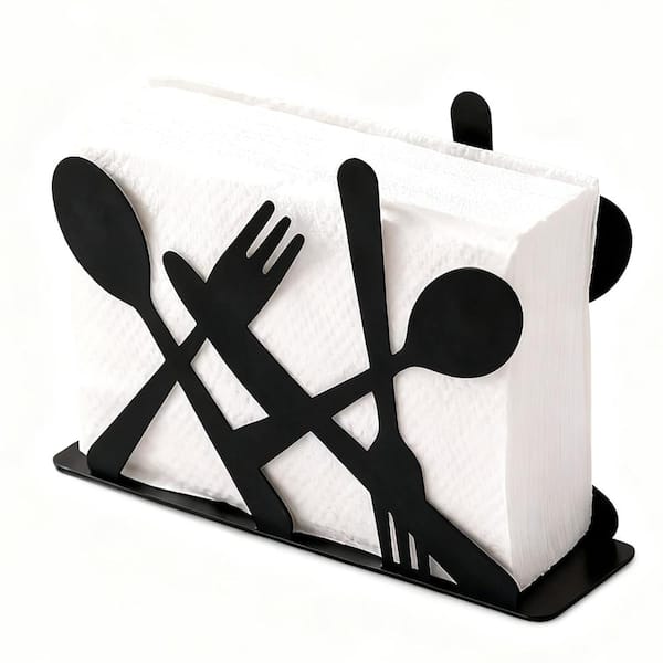 Modern Black Metal Napkin Holder with Fork and Spoon Silhouette, Compact 5.5 x 3.9 in. Table Tissue Box