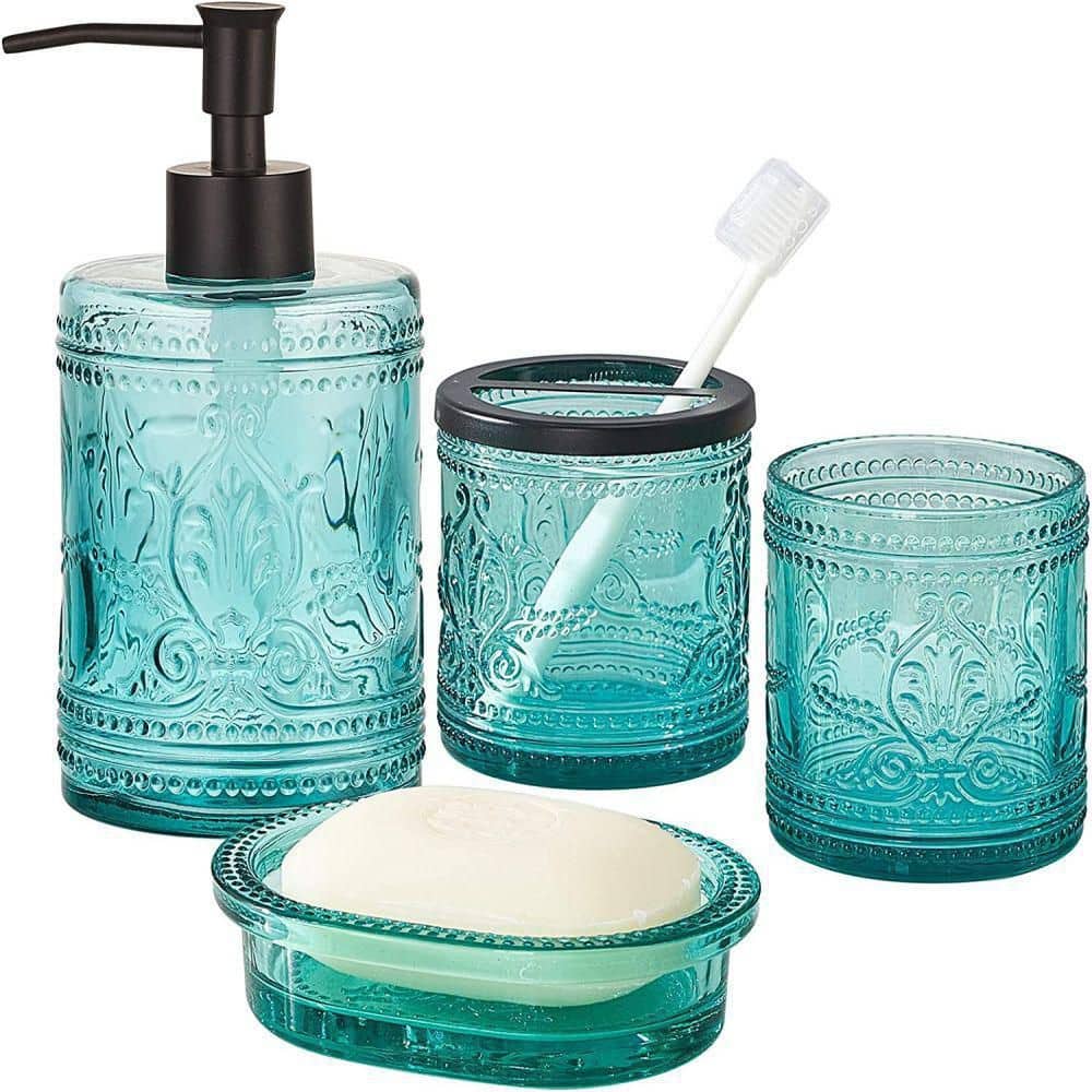 Antdesign Blue Bathroom Accessory Set 5 Pcs, Including Hand Pump Soap Dispenser, Soap Dish, Toothbrush Holder and Vase,for Modern Bathroom Décor