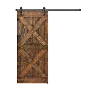 Double X Series 38 in. x 84 in. Dark Brown Finished Pine Wood Sliding Barn Door With Hardware Kit