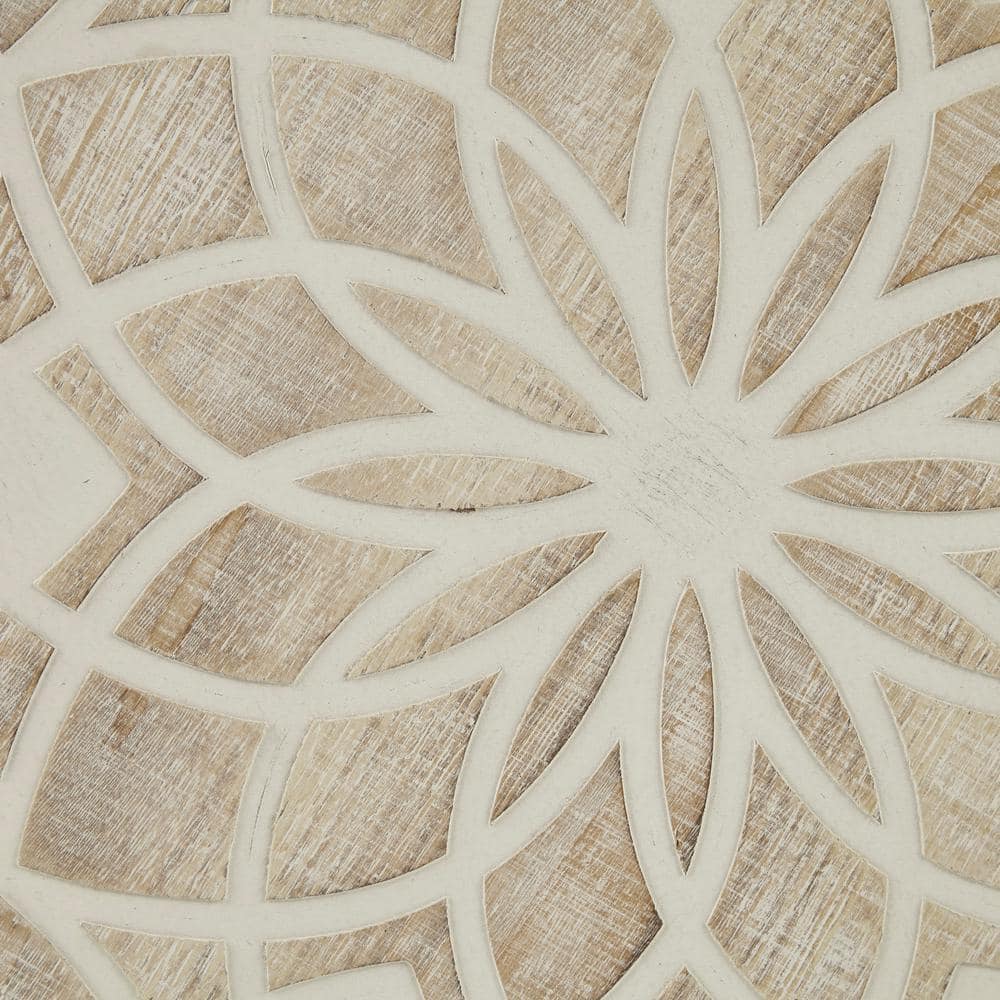 Natural White Carved Wood Round Medallion Wall Sculpture