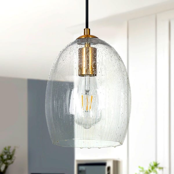 Modern Round Kitchen Island 1-Light Modern Gold Circle Pendant Light with Waterlike Glass Shade