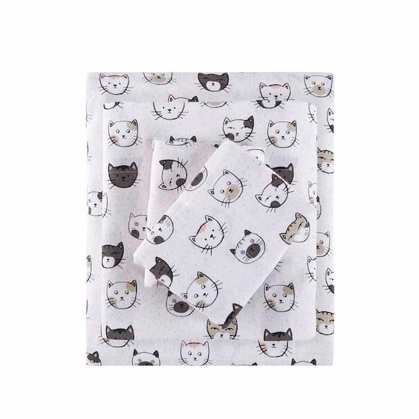 Cozy Soft 3-Piece Grey/Pink Cats Cotton Twin XL Sheet Set