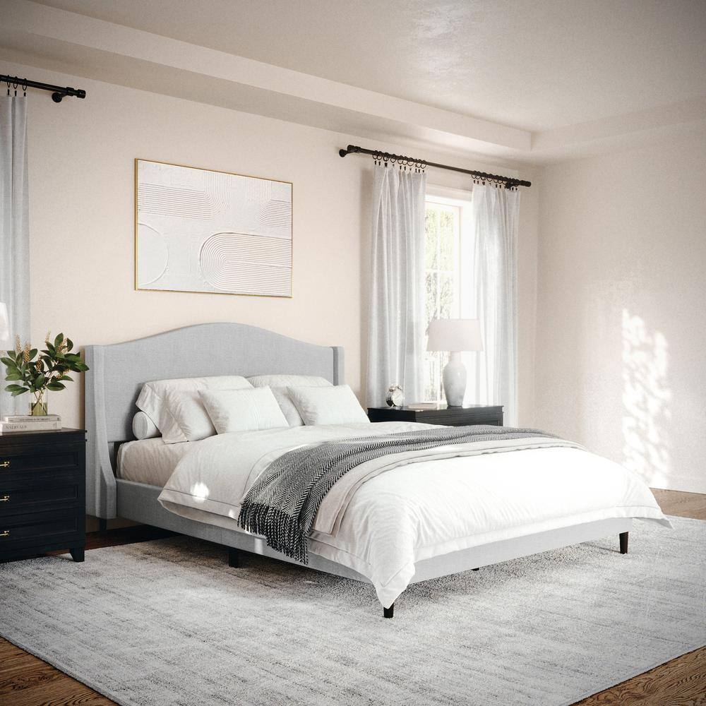 Gray Queen Upholstered Platform Bed with Curved Headboard and Wood Frame