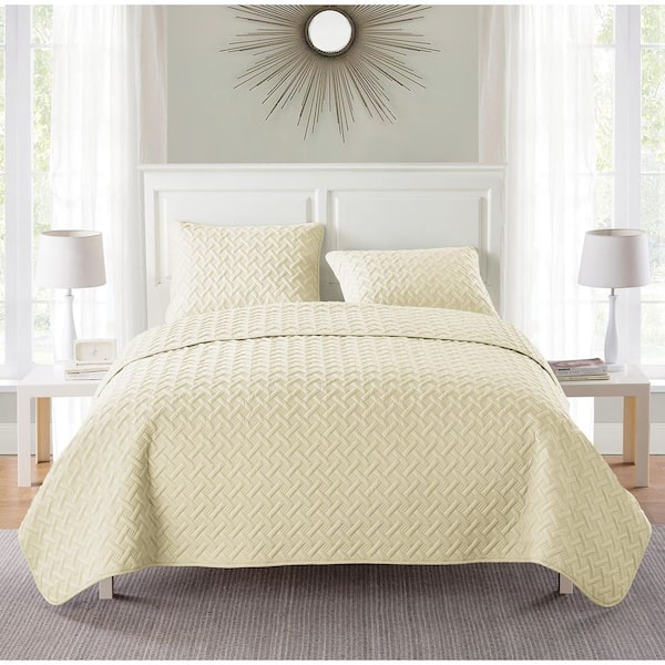 Nina Embossed 3 Piece Ivory Basketweave Microfiber King Quilt Set