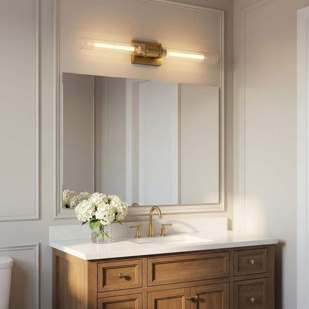Keaton 5 in. W x 30 in. H 2-Light Satin Brass Dimmable Bathroom Wall Sconce with Clear Fluted Glass Shades price history on PriceWatchPro