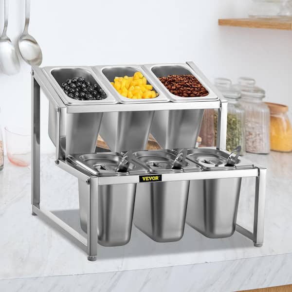 VEVOR Expandable Spice Rack 13.8-23.6 Adjustable 2-Tier Stainless Steel Organizer Shelf with 6 1/9 Pans 6 Ladles Countertop Inclined Holder for