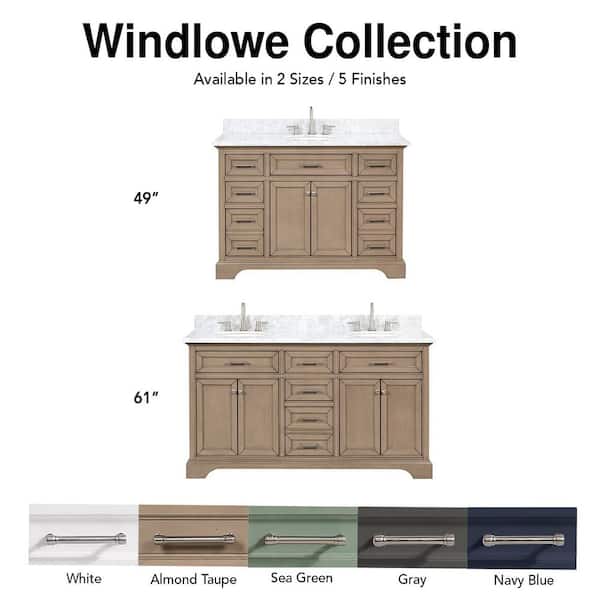 Windlowe 61 in. Double Sink Almond Taupe Bath Vanity with White Carrara Marble Top (Assembled)
