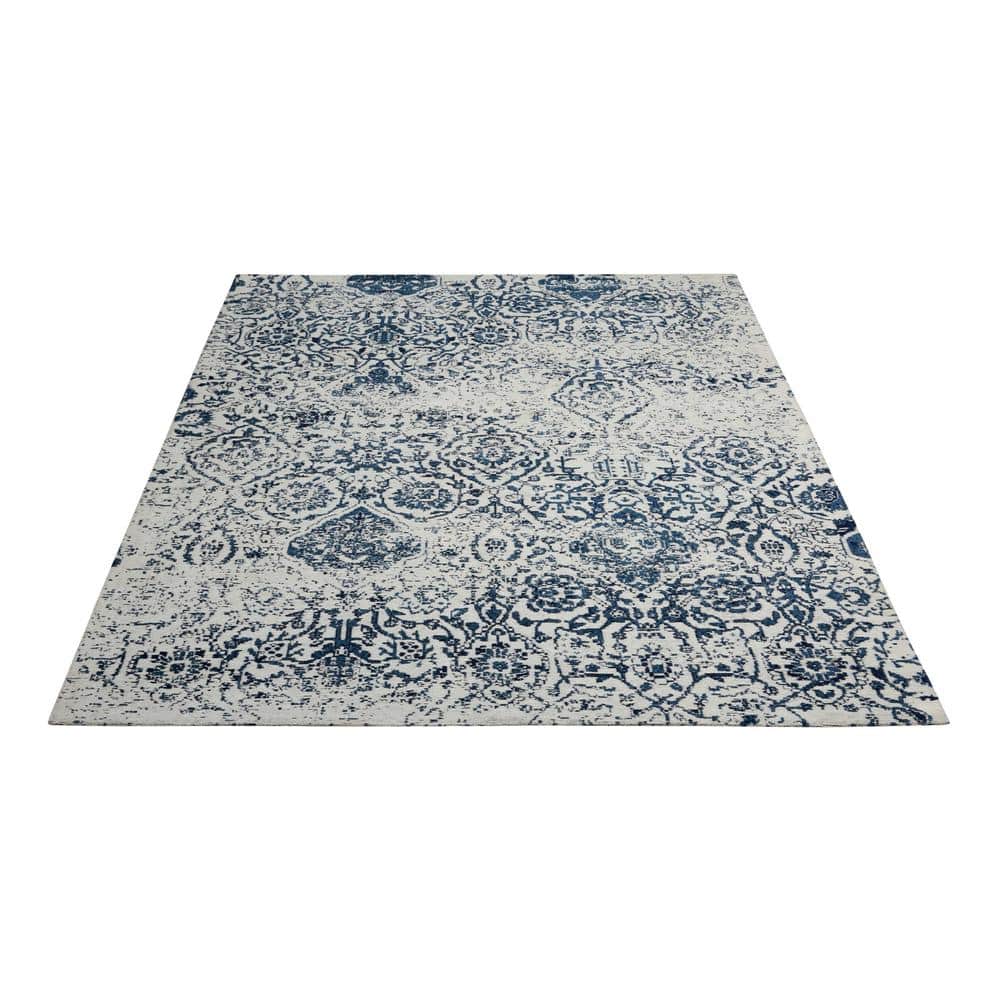Ivory and Navy Floral Synthetic Large Rectangular Rug