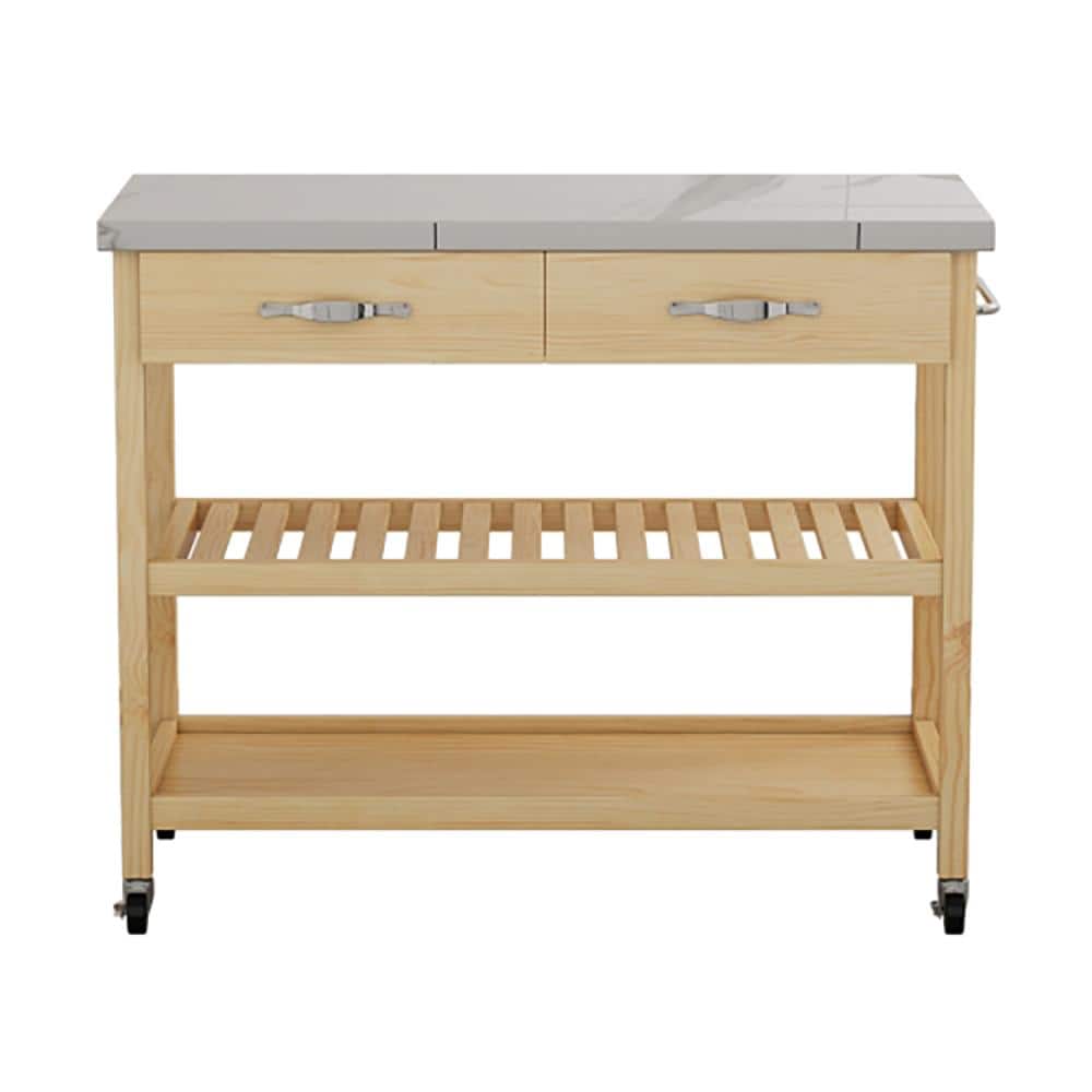 Solid Brown Wood Kitchen Cart with Storage Drawers and Shelves Rotatable Ki