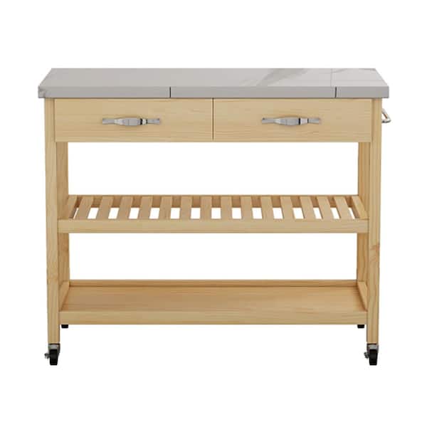 Unbranded Solid Brown Wood Kitchen Cart with Storage Drawers and Shelves Rotatable Kitchen Island with Steel Table Top and Rack