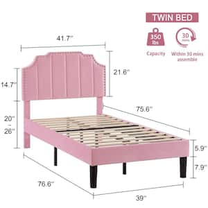 Upholstered Bed Pink Metal plus Wood Frame Twin Platform Bed with Tufted Adjustable Headboard/Mattress Foundation