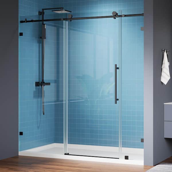 Logmey 72 in. W x 74 in. H Frameless Sliding Shower Door in Matte Black with Clear Glass