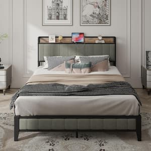 Dark Gray Metal Frame Upholstered Headboard Queen Platform Bed with with Charging Station