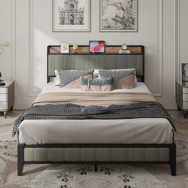 HOMEFUN Dark Gray Metal Frame Upholstered Headboard Queen Platform Bed with with Charging Station