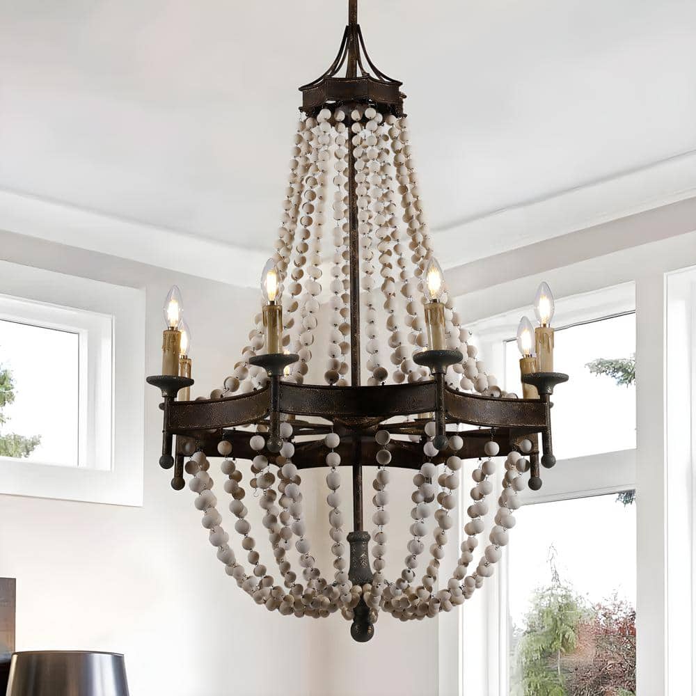 Marcelo 8 Light Wood Beaded Candle Style Teardrop Chandelier